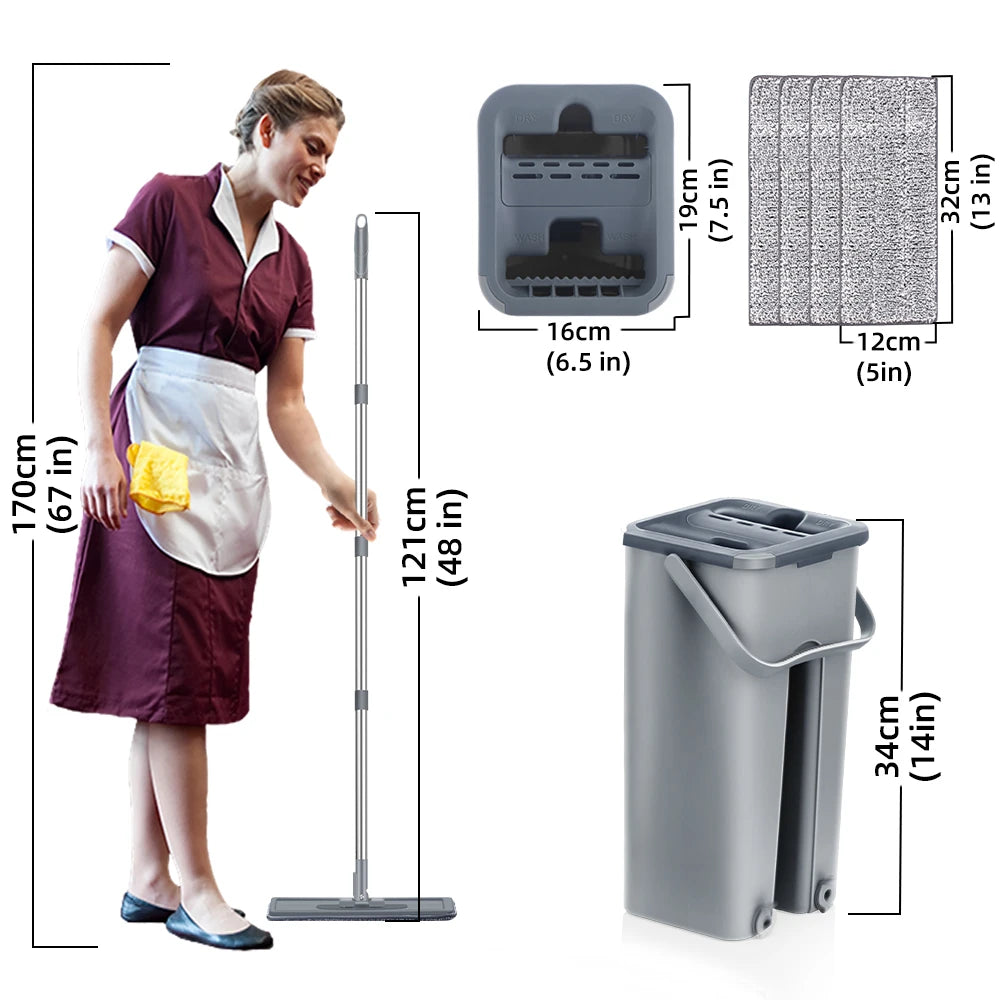 Hand-Free Flat Floor Mop and Bucket Set