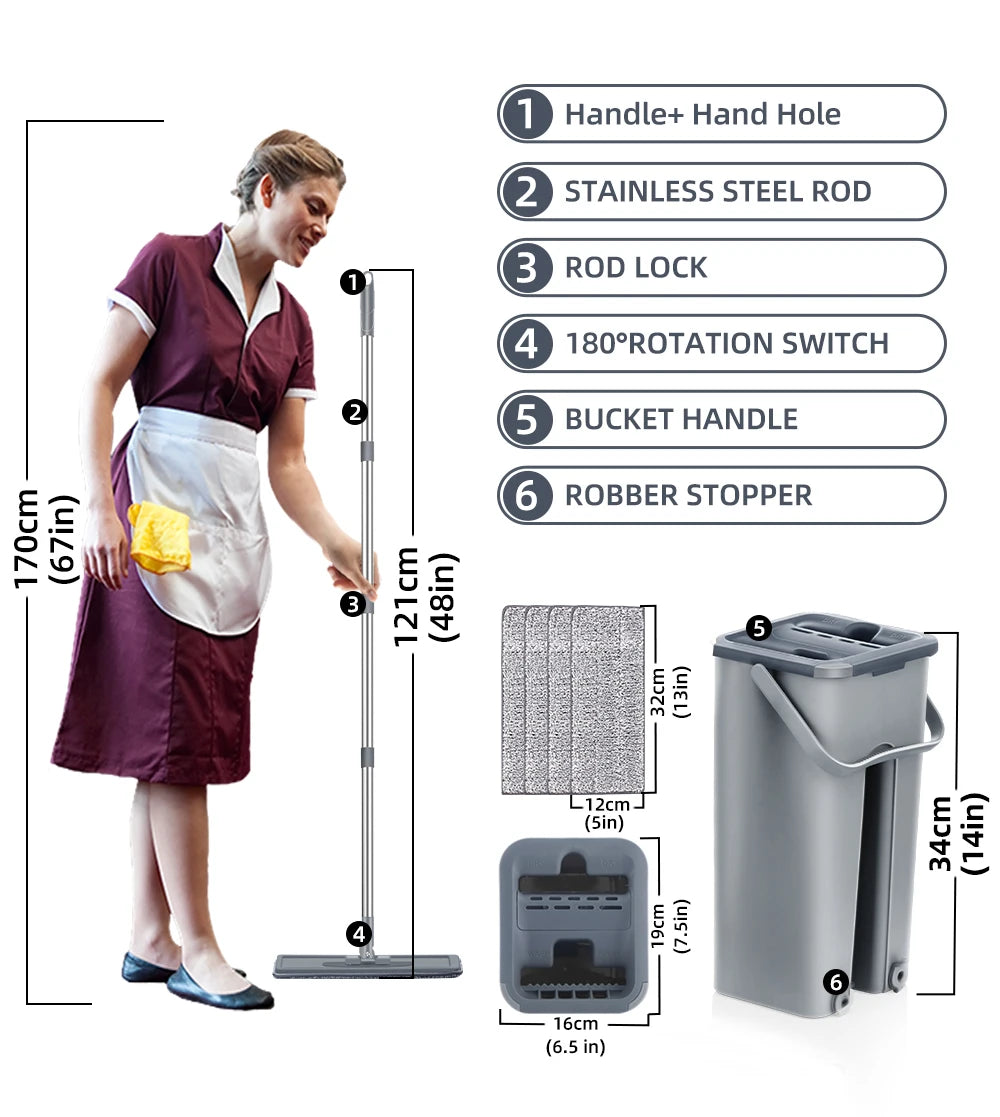 Hand-Free Flat Floor Mop and Bucket Set