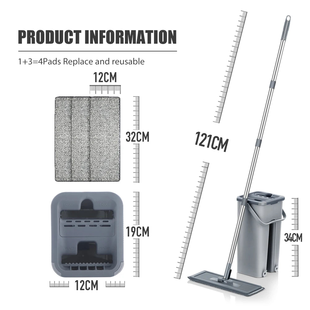 Hand-Free Flat Floor Mop and Bucket Set