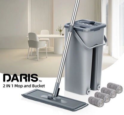 Hand-Free Flat Floor Mop and Bucket Set