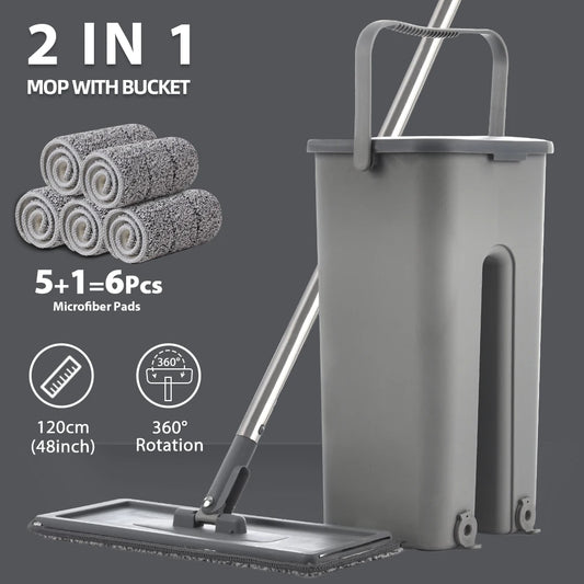Hand-Free Flat Floor Mop and Bucket Set